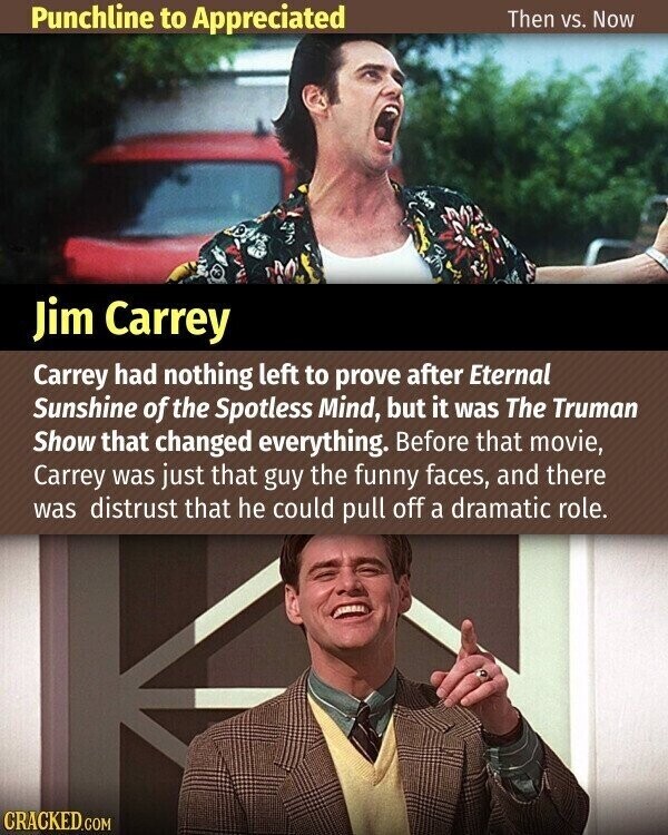 Punchline to Appreciated Then vs. Now Jim Carrey Carrey had nothing left to prove after Eternal Sunshine of the Spotless Mind, but it was The Truman Show that changed everything. Before that movie, Carrey was just that guy the funny faces, and there was distrust that he could pull off a dramatic role. CRACKED.COM