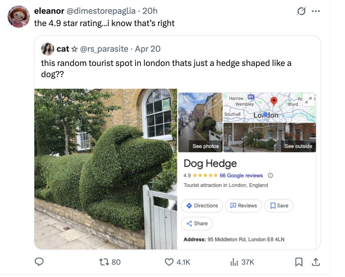 eleanor @dimestorepaglia.2 20h O ... the 4.9 star rating...i know that's right cat @rs_parasite Apr 20 this random tourist spot in london thats just a hedge shaped like a dog?? M1 Harrow Rc 7 K Wembley llford Southall Lo don See photos See outside Dog Hedge 4.9 66 Google reviews i Tourist attraction in London, England Directions Reviews Save Share Address: 95 Middleton Rd, London E8 4LN 80 4.1K 37K