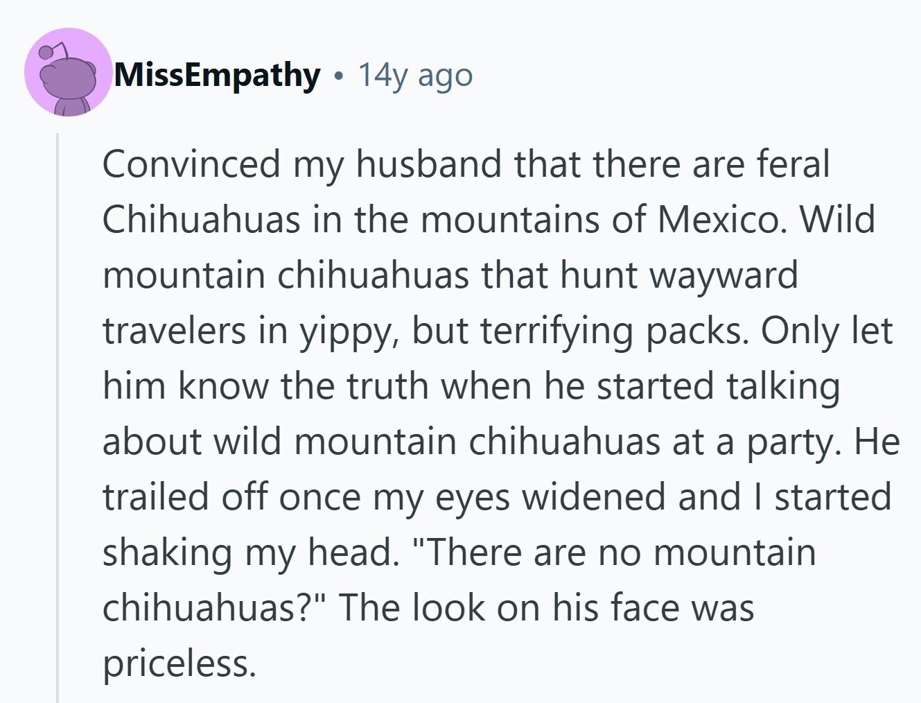 MissEmpathy 14y ago Convinced my husband that there are feral Chihuahuas in the mountains of Mexico. Wild mountain chihuahuas that hunt wayward travelers in yippy, but terrifying packs. Only let him know the truth when he started talking about wild mountain chihuahuas at a party. Не trailed off once my eyes widened and | started shaking my head. There are no mountain chihuahuas? The look on his face was priceless. 
