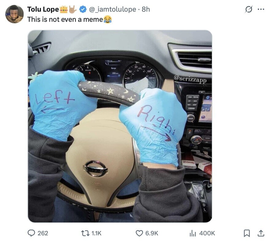 Tolu Lope @_iamtolulope. 8h s ... This is not even a meme 60 ac Range - 40 . 100 209 20 120 @scrizzapp Left SKM .. Right MAR - MAP - B - BO - = Newport New DL 262 1.1K 6.9K 400K 