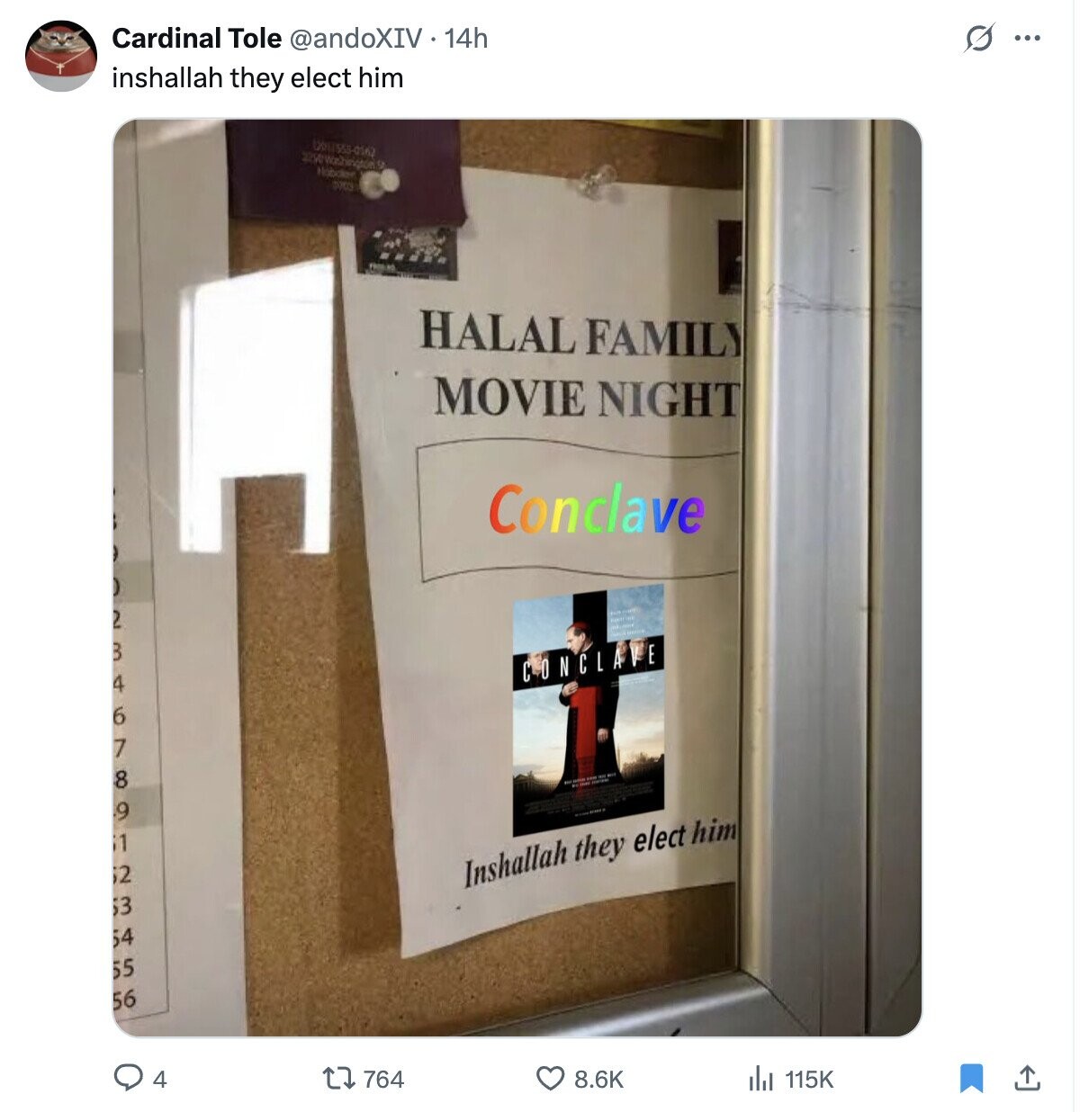 s ... Cardinal Tole @andoXIV 14h inshallah they elect him 2250Washington 5 Hoboken HALAL FAMILY MOVIE NIGHT Conclave 2 B CONCLAVE 4 6 7 8 9 1 2 Inshallah they elect him 33 54 55 56 4 764 8.6K 115K