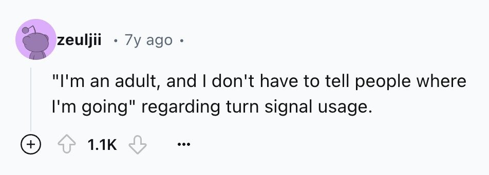 zeuljii e 7y ago I'm an adult, and I don't have to tell people where I'm going regarding turn signal usage. + 1.1K ...