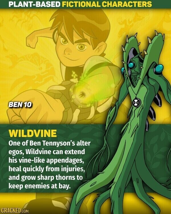 PLANT-BASED FICTIONAL CHARACTERS BEN 10 WILDVINE One of Ben Tennyson's alter egos, Wildvine can extend his vine-like appendages, heal quickly from injuries, and grow sharp thorns to keep enemies at bay. CRACKED.COM