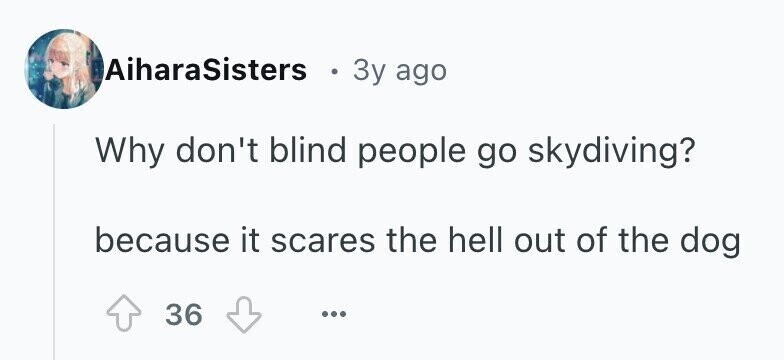 AiharaSisters e 3y ago Why don't blind people go skydiving? because it scares the hell out of the dog 36 ...