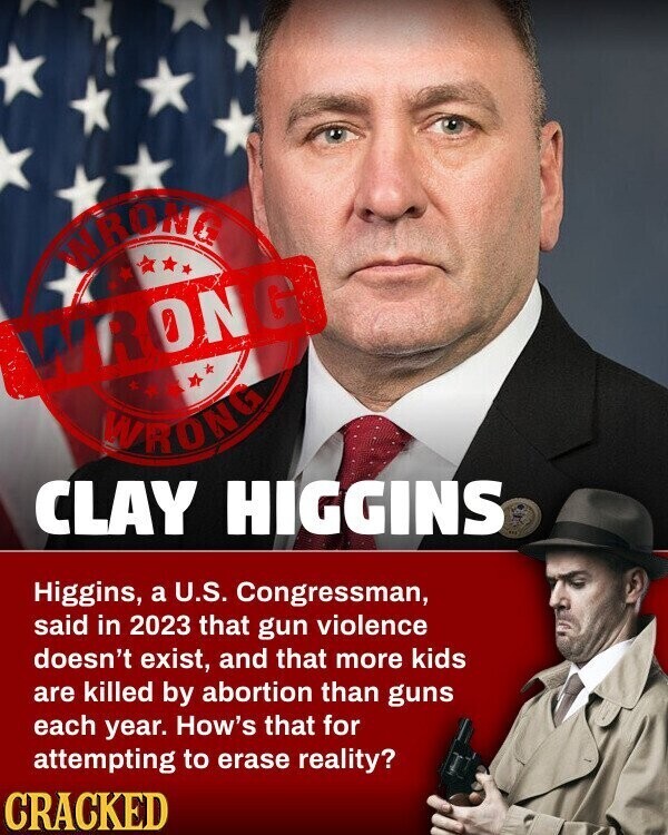 WRONG WRONG WRONG CLAY HIGGINS Higgins, a U.S. Congressman, said in 2023 that gun violence doesn't exist, and that more kids are killed by abortion than guns each year. How's that for attempting to erase reality? CRACKED