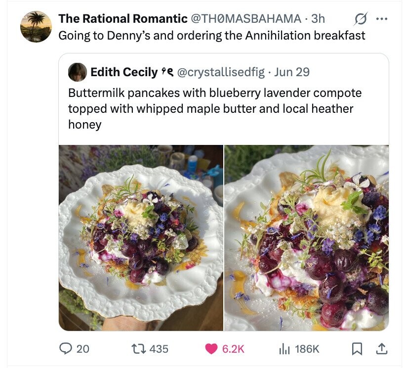 The Rational Romantic @THOMASBAHAMA 3h S ... Going to Denny's and ordering the Annihilation breakfast Edith Cecily se @crystallisedfig - Jun 29 Buttermilk pancakes with blueberry lavender compote topped with whipped maple butter and local heather honey 20 435 6.2K del 186K