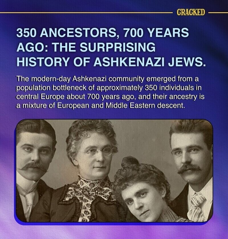 CRACKED 350 ANCESTORS, 700 YEARS AGO: THE SURPRISING HISTORY OF ASHKENAZI JEWS. The modern-day Ashkenazi community emerged from a population bottleneck of approximately 350 individuals in central Europe about 700 years ago, and their ancestry is a mixture of European and Middle Eastern descent.