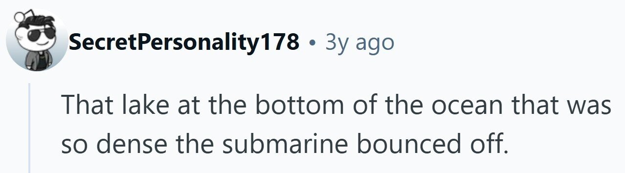SecretPersonality178 . 3y ago That lake at the bottom of the ocean that was so dense the submarine bounced off.