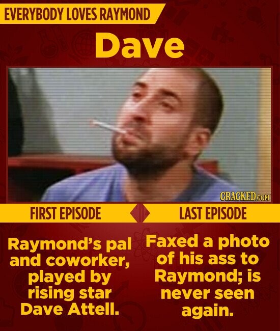 EVERYBODY LOVES RAYMOND Dave CRACKED COM FIRST EPISODE LAST EPISODE Faxed a photo Raymond's pal of his ass to and coworker, Raymond; is played by rising star never seen Dave Attell. again.