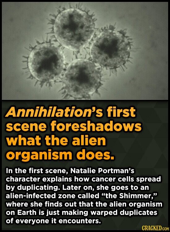 Annihilation's first scene foreshadows what the alien organism does. In the first scene, Natalie Portman's character explains how cancer cells spread by duplicating. Later on, she goes to an alien-infected zone called the Shimmer, where she finds out that the alien organism on Earth is just making warped duplicates of everyone it encounters. CRACKED.COM