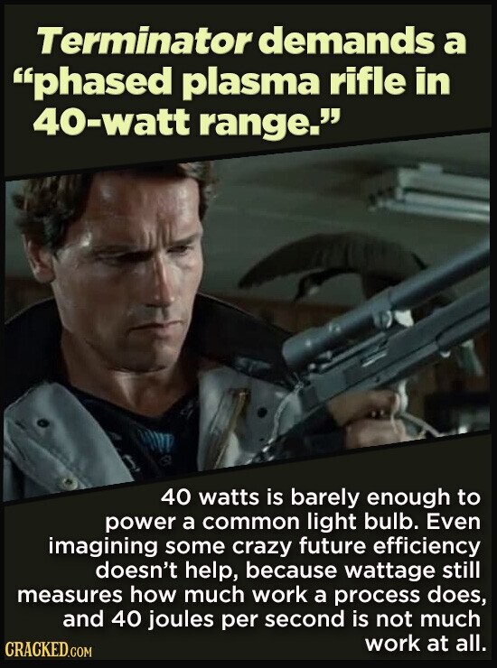 Terminator demands a phased plasma rifle in 40-watt range. 40 watts is barely enough to power a common light bulb. Even imagining some crazy future efficiency doesn't help, because wattage still measures how much work a process does, and 40 joules per second is not much work at all. CRACKED.COM