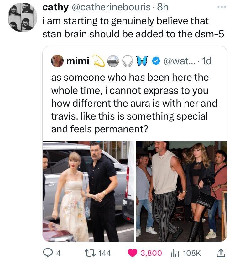 cathy @catherinebouris 8h i am starting to genuinely believe that stan brain should be added to the dsm-5 mimi @wat... 1d as someone who has been here the whole time, i cannot express to you how different the aura is with her and travis. like this is something special and feels permanent? De 4 144 3,800 108K