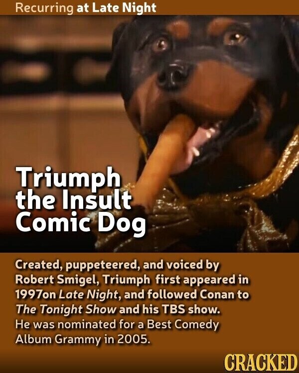 Recurring at Late Night Triumph the Insult Comic Dog Created, puppeteered, and voiced by Robert Smigel, Triumph first appeared in 1997on Late Night, and followed Conan to The Tonight Show and his TBS show. Не was nominated for a Best Comedy Album Grammy in 2005. CRACKED