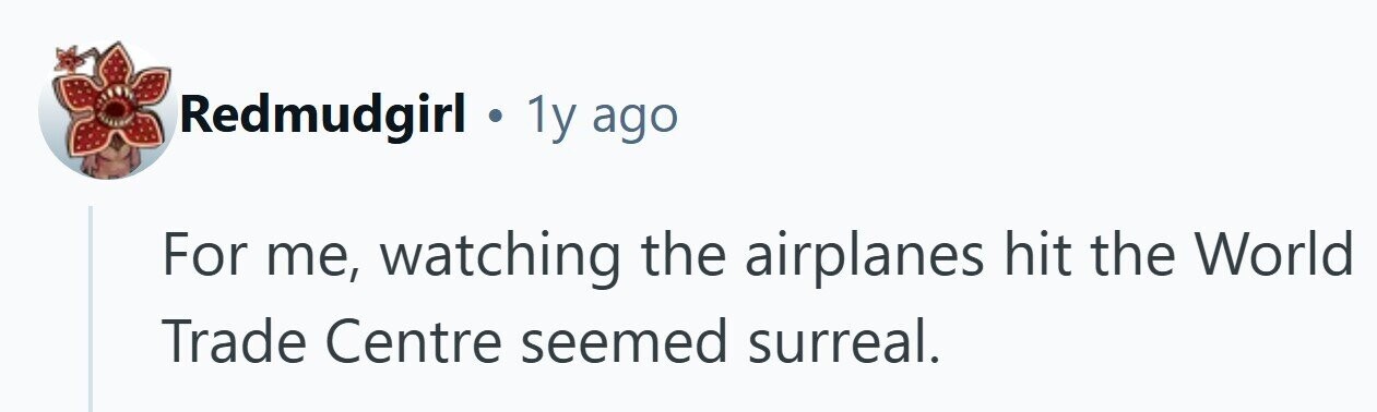 Redmudgirl . 1y ago For me, watching the airplanes hit the World Trade Centre seemed surreal. 