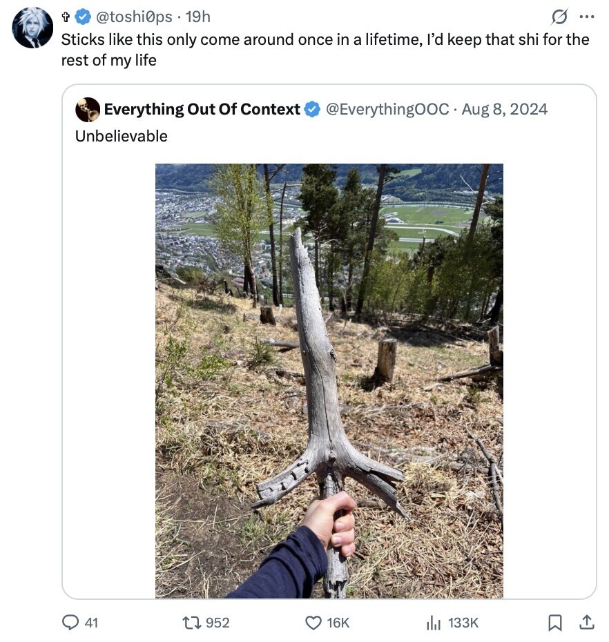 G ... @toshi0ps 19h Sticks like this only come around once in a lifetime, I'd keep that shi for the rest of my life Everything Out Of Context @EverythingOOC Aug 8, 2024 Unbelievable 41 952 16K 133K 