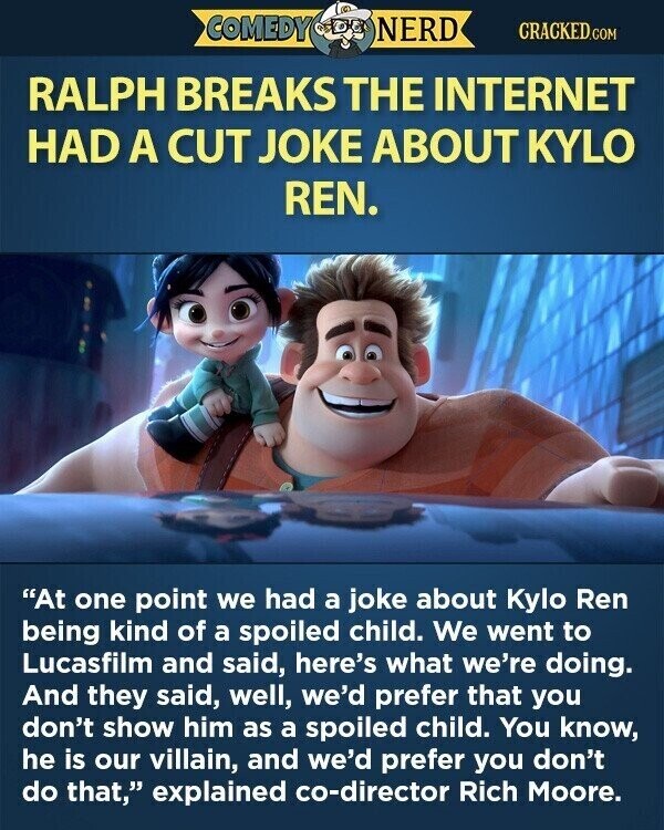 COMEDY NERD CRACKED.COM RALPH BREAKS THE INTERNET HAD A CUT JOKE ABOUT KYLO REN. At one point we had a joke about Kylo Ren being kind of a spoiled child. We went to Lucasfilm and said, here's what we're doing. And they said, well, we'd prefer that you don't show him as a spoiled child. You know, he is our villain, and we'd prefer you don't do that, explained co-director Rich Moore.