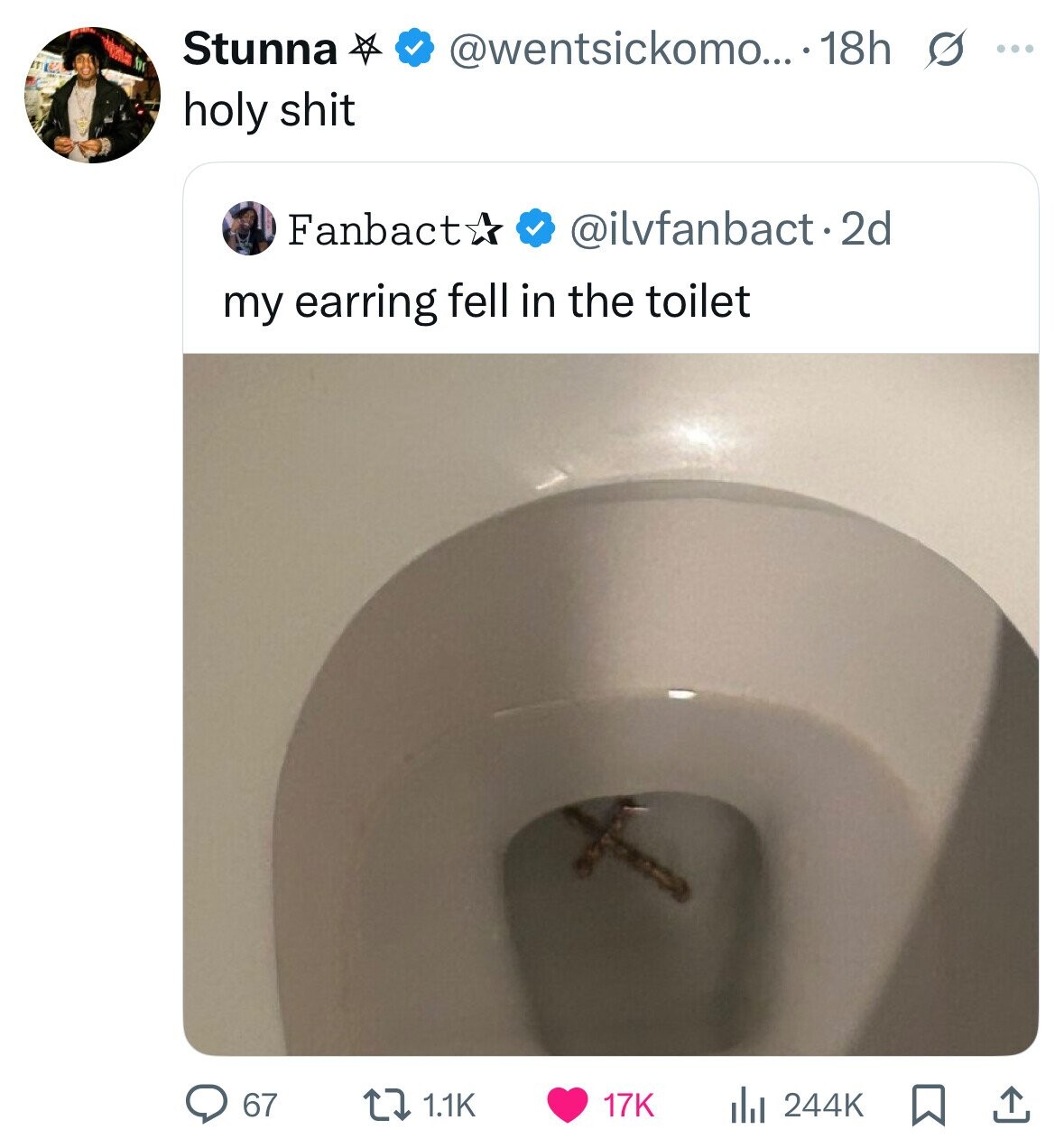 Stunna @wentsickomo... .18h s ... holy shit Fanbact @ilvfanbact.2d my earring fell in the toilet 67 1.1K 17K 244K 
