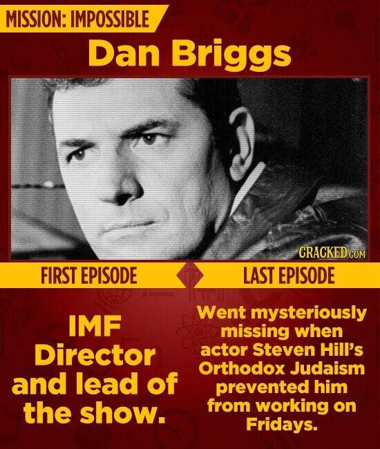 MISSION: IMPOSSIBLE Dan Briggs CRACKED.COM FIRST EPISODE LAST EPISODE Went mysteriously IMF missing when Director actor Steven Hill's Orthodox Judaism and lead of prevented him from working on the show. Fridays.