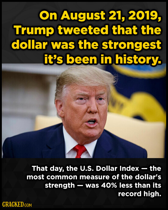 On August 21, 2019, Trump tweeted that the dollar was the strongest it's been in history. That day, the U.S. Dollar Index - the most common measure of the dollar's strength - was 40% less than its record high. CRACKED.COM