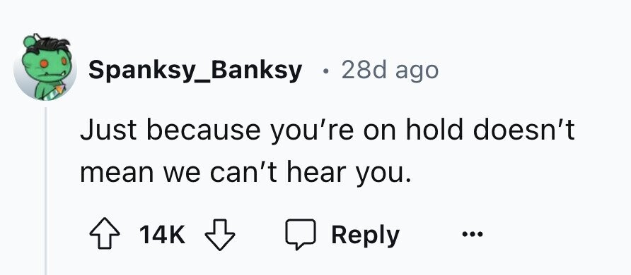 Spanksy_Banksy . 28d ago Just because you're on hold doesn't mean we can't hear you. 14K Reply ...