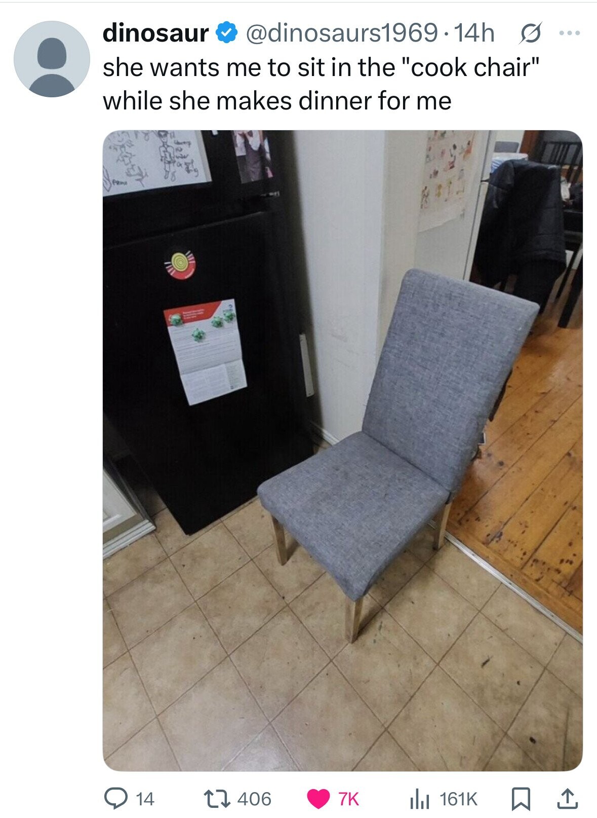 dinosaur @dinosaurs1969.14h s ... she wants me to sit in the cook chair while she makes dinner for me fame 14 406 7K the 161K 