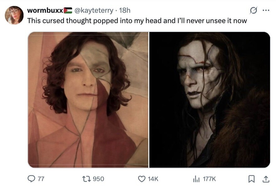 wormbuxx @kayteterry 18h ... This cursed thought popped into my head and I'll never unsee it now 77 950 14K del 177K 