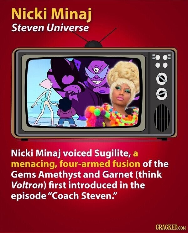 Nicki Minaj Steven Universe Nicki Minaj voiced Sugilite, a menacing, four-armed fusion of the Gems Amethyst and Garnet (think Voltron) first introduced in the episode Coach Steven. CRACKED.COM