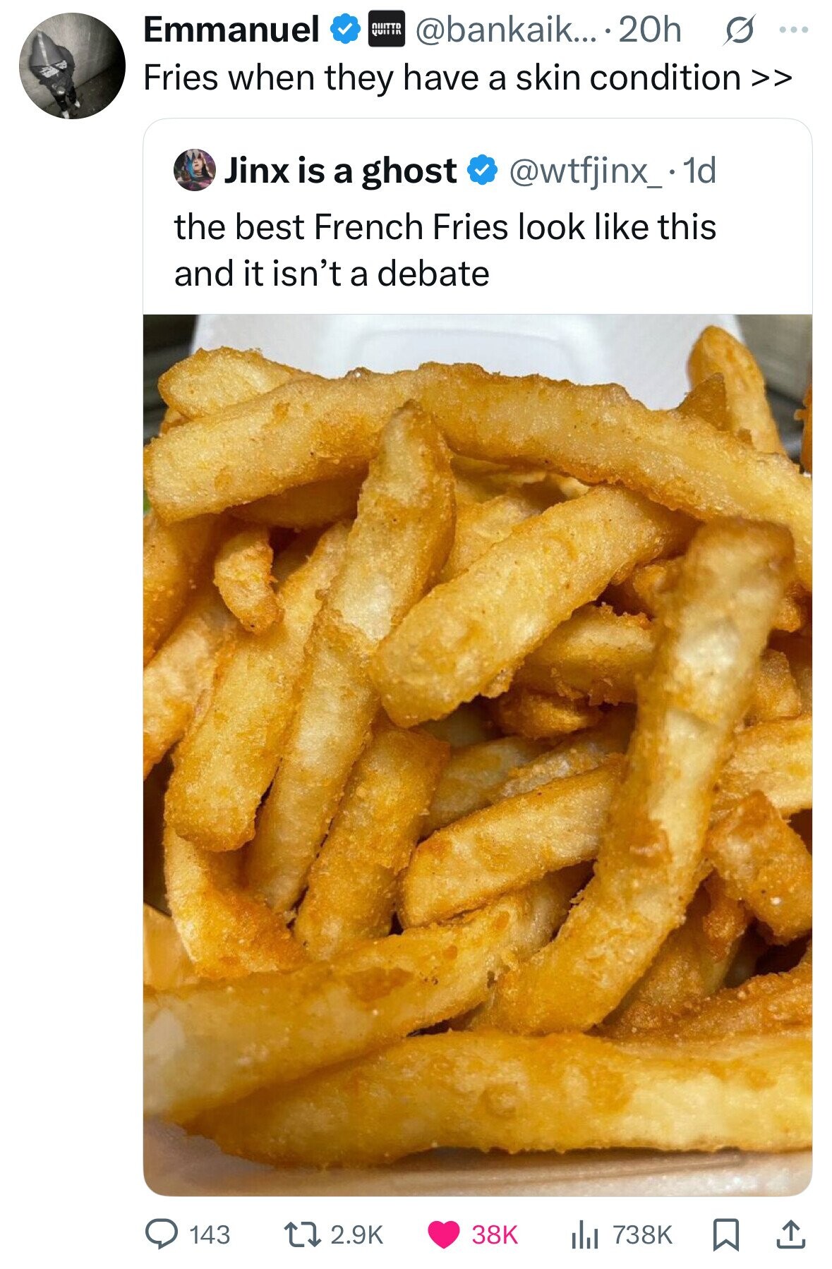 Emmanuel NIIITTD QUIIIR @bankaik... .20h s ... Fries when they have a skin condition >> Jinx is a ghost @wtfjinx_.1 1d the best French Fries look like this and it isn't a debate 2.9K 143 38K 738K 