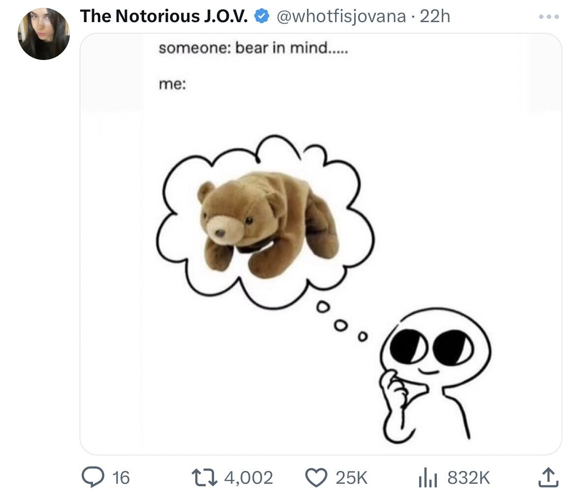 The Notorious J.O.V. @whotfisjovana.22h someone: bear in mind..... me: 16 4,002 25K 832K