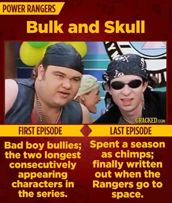 POWER RANGERS Bulk and Skull CRACKED.COM FIRST EPISODE LAST EPISODE Spent a season Bad boy bullies; as chimps; the two longest consecutively finally written appearing out when the characters in Rangers go to the series. space.