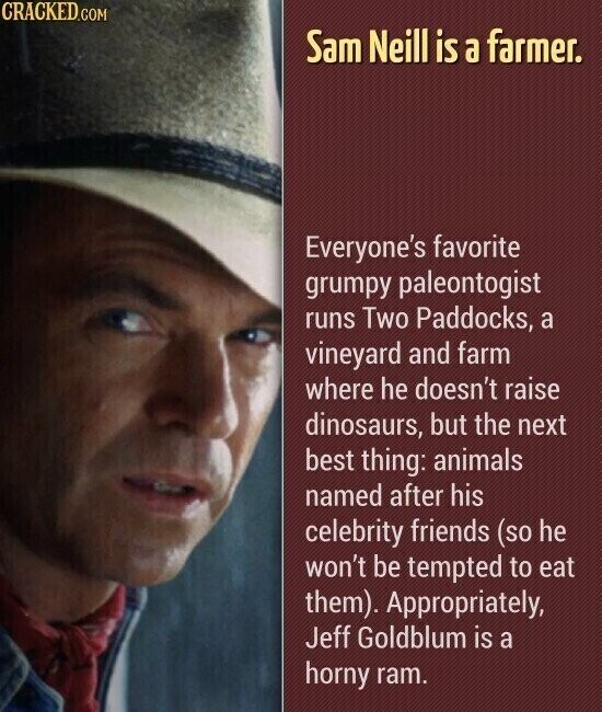 CRACKED.COM Sam Neill is a farmer. Everyone's favorite grumpy paleontogist runs Two Paddocks, a vineyard and farm where he doesn't raise dinosaurs, but the next best thing: animals named after his celebrity friends (so he won't be tempted to eat them). Appropriately, Jeff Goldblum is a horny ram.