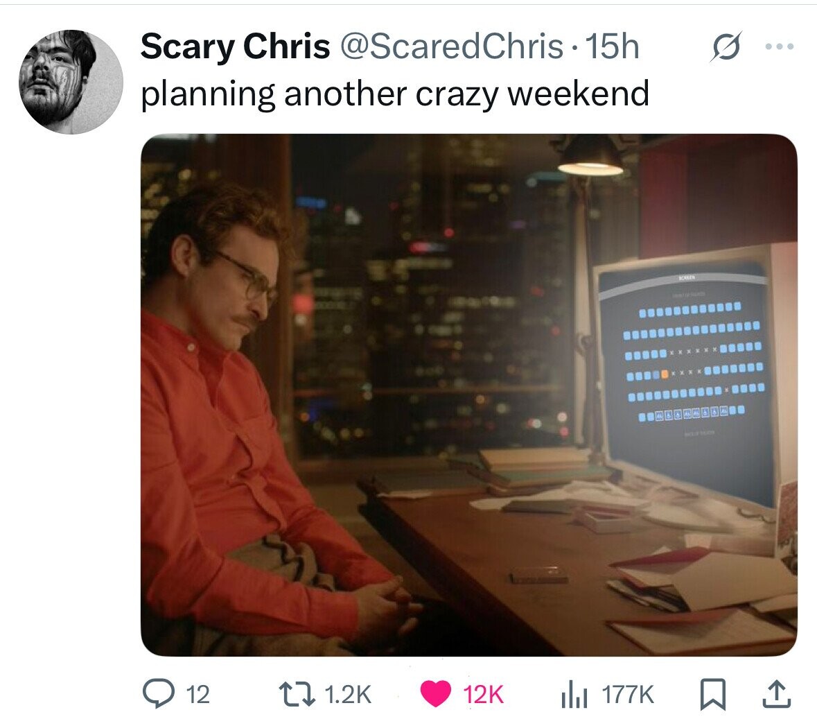 Scary Chris @ScaredChris 15h ... planning another crazy weekend 12 1.2K 12K 177K 