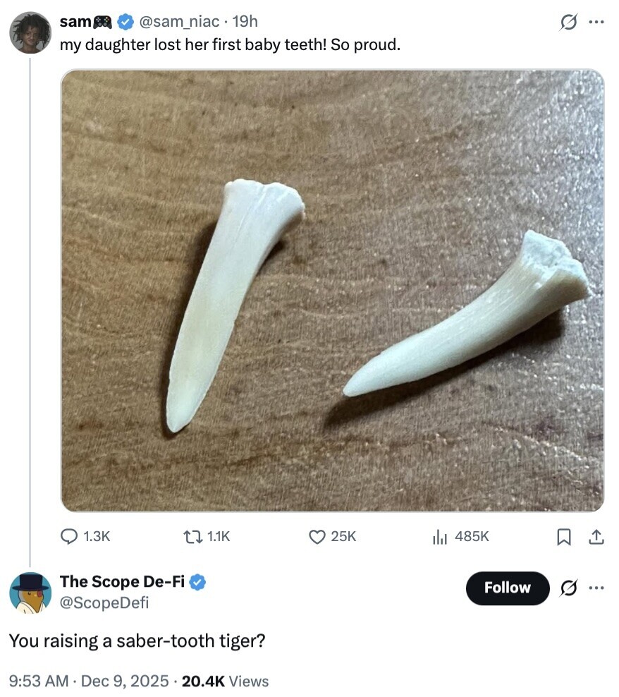 sam @sam_niac 19h G ... my daughter lost her first baby teeth! So proud. 1.3K 1.1K 25K 485K The Scope De-Fi Follow @ScopeDefi You raising a saber-tooth tiger? 9:53 AM Dec 9, 2025 5 . 20.4K Views