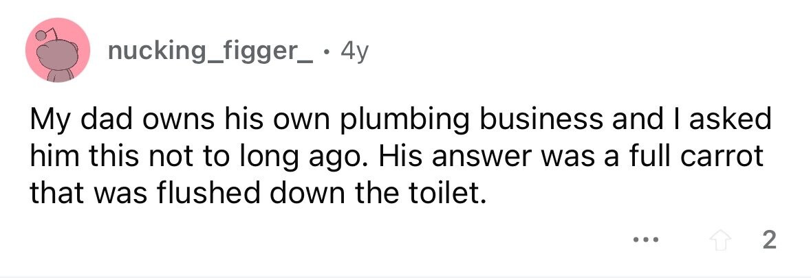 nucking_figger_ . . 4y My dad owns his own plumbing business and I asked him this not to long ago. His answer was a full carrot that was flushed down the toilet. ... 2
