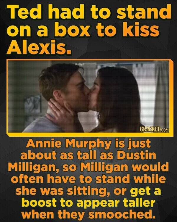Ted had to stand on a box to kiss Alexis. CRACKED.COM Annie Murphy is just about as tall as Dustin Milligan, so Milligan would often have to stand while she was sitting, or get a boost to appear taller when they smooched.