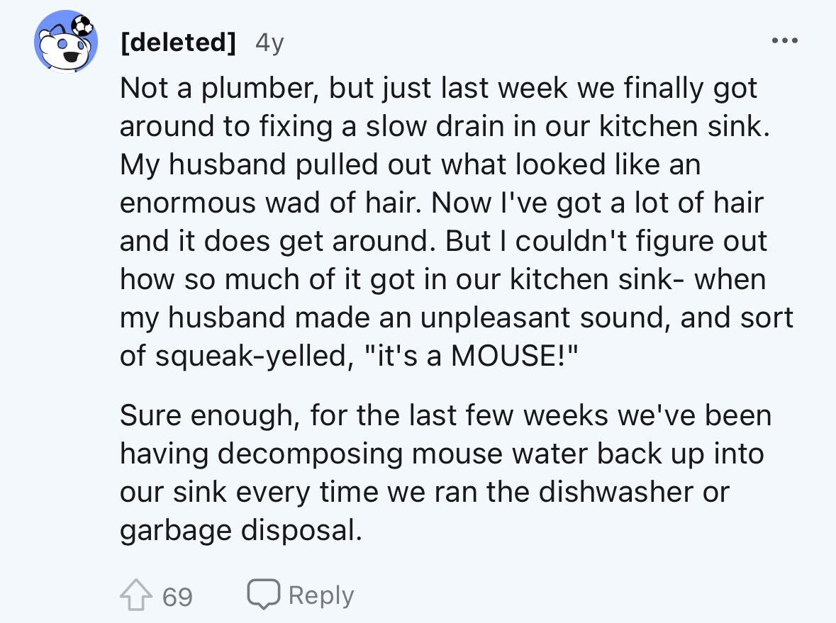 4y ... Not a plumber, but just last week we finally got around to fixing a slow drain in our kitchen sink. My husband pulled out what looked like an enormous wad of hair. Now I've got a lot of hair and it does get around. But I couldn't figure out how so much of it got in our kitchen sink- when my husband made an unpleasant sound, and sort of squeak-yelled, it's a MOUSE! Sure enough, for the last few weeks we've been having decomposing mouse water back up into our sink every time we ran the dishwasher