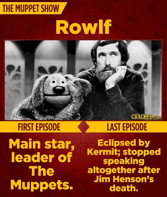 THE MUPPET SHOW Rowlf CRACKED.COM FIRST EPISODE LAST EPISODE Main star, Eclipsed by Kermit; stopped leader of speaking The altogether after Jim Henson's Muppets. death.