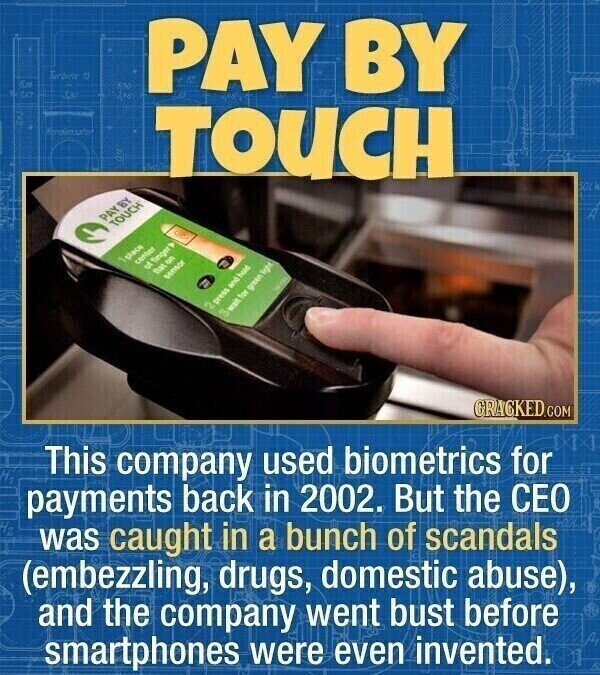 13 PAY BY 167 RU Hondersator TOUCH SOLK PAY BY TOUCH place center a finger flat 8 sensor OV press and hold 3 wait green B light GRACKED.COM This company used biometrics for payments back in 2002. But the CEO was caught in a bunch of scandals (embezzling, drugs, domestic abuse), and the company went bust before smartphones were even invented.