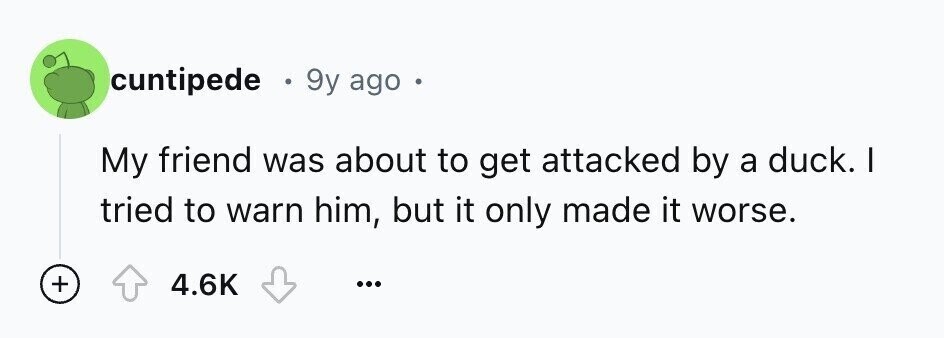 cuntipede . 9y ago a My friend was about to get attacked by a duck. I tried to warn him, but it only made it worse. + 4.6K ...