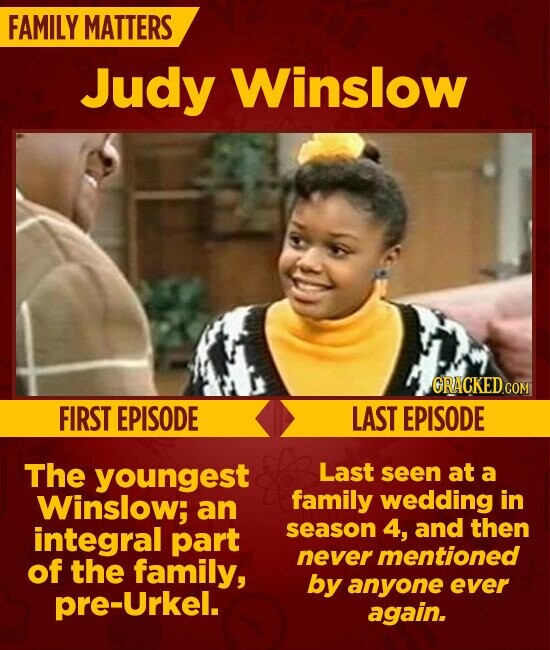 FAMILY MATTERS Judy Winslow GRACKED.COM FIRST EPISODE LAST EPISODE The youngest Last seen at a family wedding in Winslow; an season 4, and then integral part never mentioned of the family, by anyone ever pre-Urkel. again.