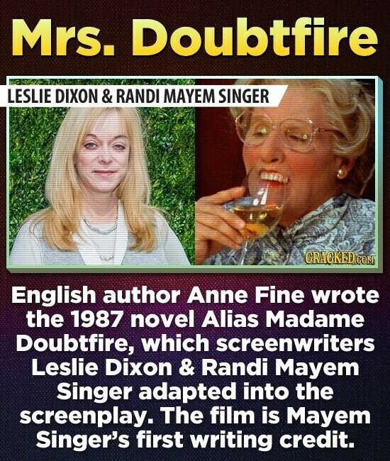 Mrs. Doubtfire LESLIE DIXON & RANDI MAYEM SINGER GRACKED.COM English author Anne Fine wrote the 1987 novel Alias Madame Doubtfire, which screenwriters Leslie Dixon & Randi Mayem Singer adapted into the screenplay. The film is Mayem Singer's first writing credit.
