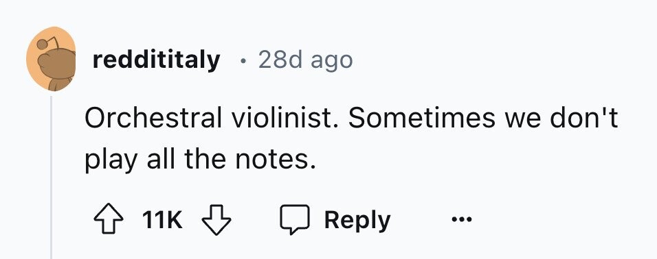 reddititaly o 28d ago Orchestral violinist. Sometimes we don't play all the notes. 11K Reply ...