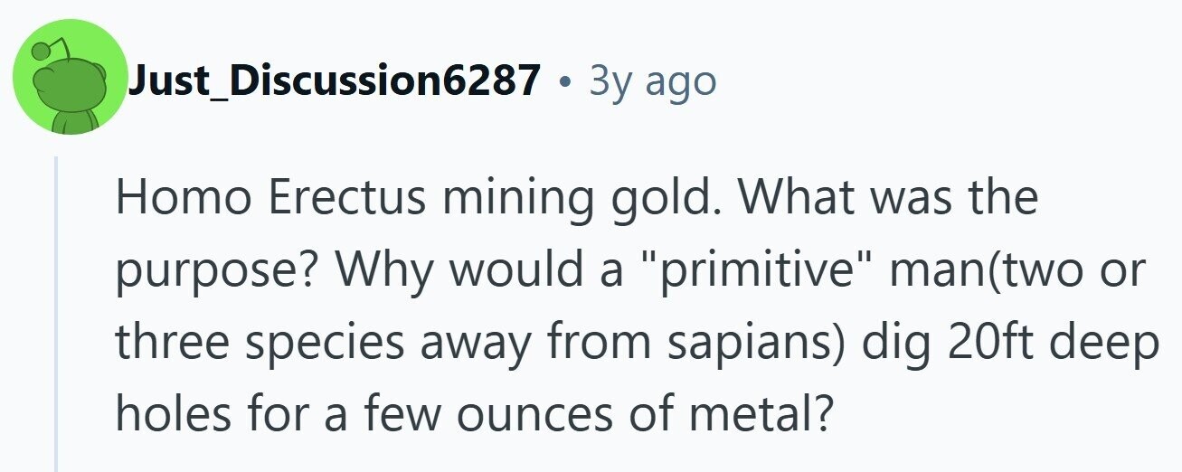 Just_Discussion6287 . Зу ago Homo Erectus mining gold. What was the purpose? Why would a primitive man(two or three species away from sapians) dig 20ft deep holes for a few ounces of metal?