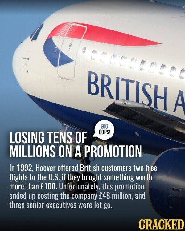 BRITISH BIG OOPS! LOSING TENS OF MILLIONS ON A PROMOTION In 1992, Hoover offered British customers two free flights to the U.S. if they bought something worth more than £100. Unfortunately, this promotion ended up costing the company £48 million, and three senior executives were let go. CRACKED