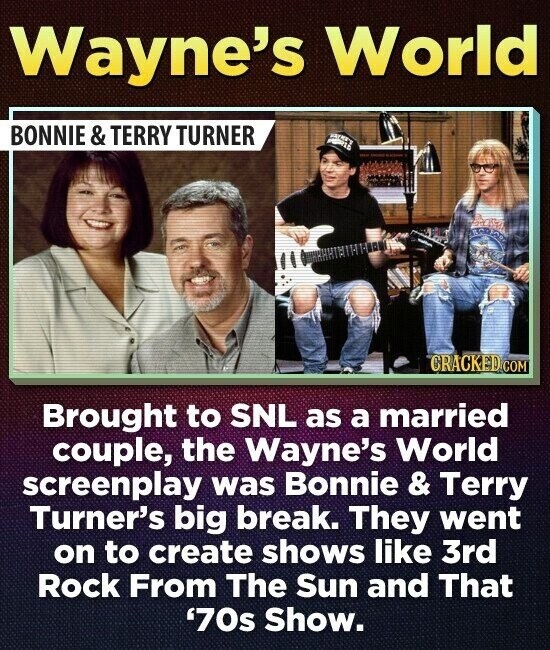 Wayne's World BONNIE & TERRY TURNER HATELY PERIO RCD S CRACKED COM Brought to SNL as a married couple, the Wayne's World screenplay was Bonnie & Terry Turner's big break. They went on to create shows like 3rd Rock From The Sun and That '70s Show.