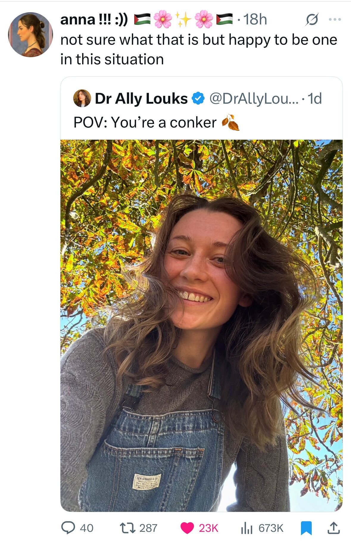 anna !!! :)) 18h G ... not sure what that is but happy to be one in this situation Dr Ally Louks @DrAllyLou...* 1d POV: You're a conker LEV STRAUSS A CO 287 23K 40 673K 
