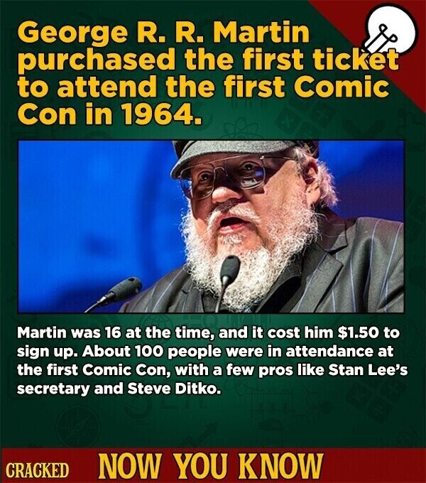 George R. R. Martin purchased the first ticket to attend the first Comic Con in 1964. Martin was 16 at the time, and it cost him $1.50 to sign up. About 100 people were in attendance at the first Comic Con, with a few pros like Stan Lee's secretary and Steve Ditko. CRACKED NOW YOU KNOW