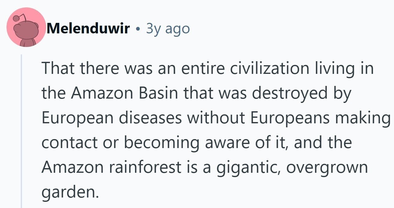 Melenduwir . Зу ago That there was an entire civilization living in the Amazon Basin that was destroyed by European diseases without Europeans making contact or becoming aware of it, and the Amazon rainforest is a gigantic, overgrown garden.