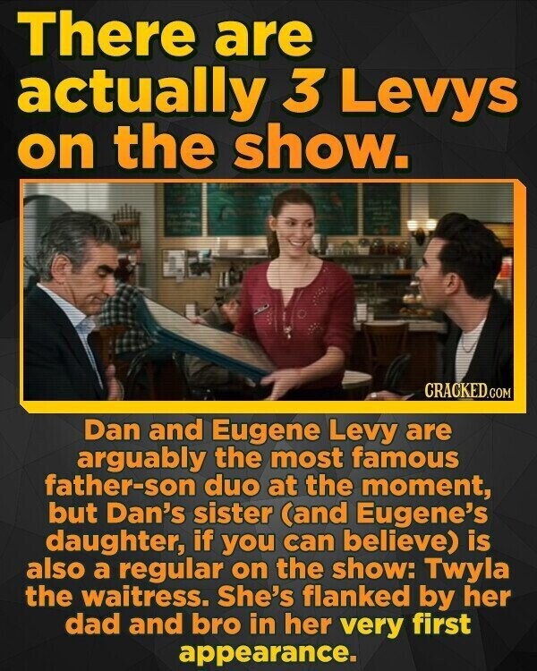 There are actually 3 Levys on the show. CRACKED.COM Dan and Eugene Levy are arguably the most famous father-son duo at the moment, but Dan's sister (and Eugene's daughter, if you can believe) is also a regular on the show: Twyla the waitress. She's flanked by her dad and bro in her very first appearance.