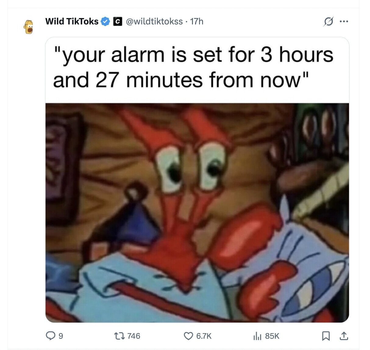 Wild TikToks с @wildtiktokss - 17h G ... your alarm is set for 3 hours and 27 minutes from now 9 746 6.7K 85K